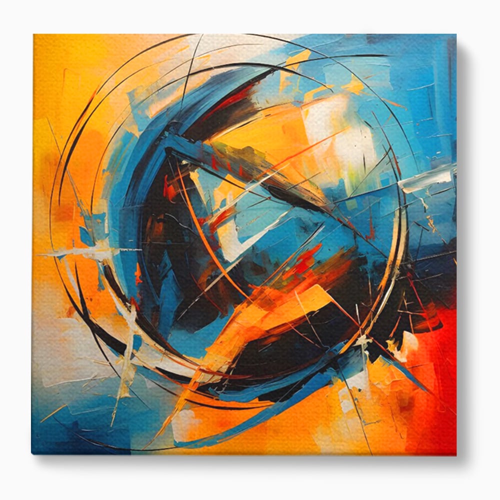 Tablou canvas cu pictura abstracta cu cercuri si linii, fara rama, pe sasiu de lemn
